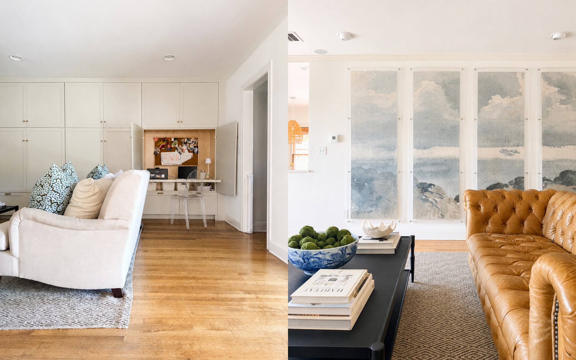 Built-in desk nook and living room with gallery art