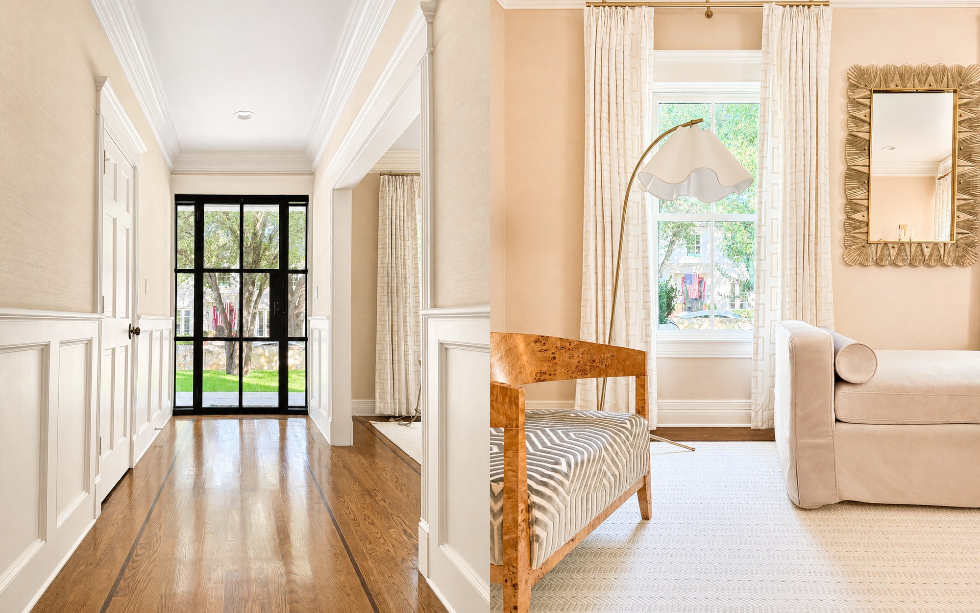 Entry hallway and sitting room with brass mirror